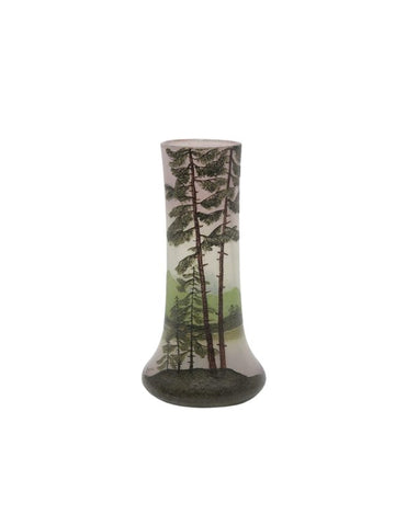Rare soliflore Pear-shaped vase with a painted decor depicting a lake landscape with fir trees. Signed on the body.Legras