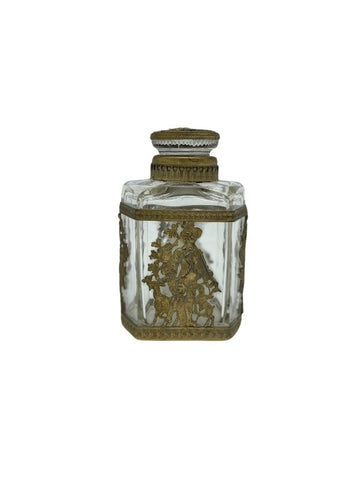 Elegant crystal flask with bronze mount and chiseled decoration representing a shepherd