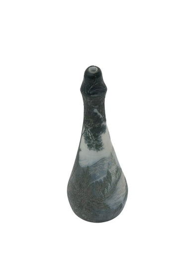 Collectible Pear-shaped vase with a high, flared neck in multilayered glass with an acid-etched decor depicting a village scene. Signed on the body.