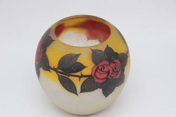 Elegant frosted glass vase with a painted decor of rose stem, signed on the side