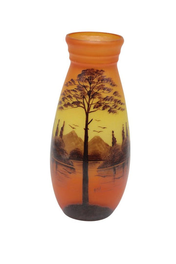 Large Vase in enamelled moulded glass, orange depicting a calm lac with vegetal decoration