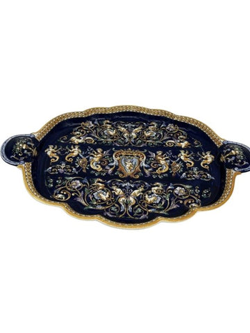 Large and unusual polylobed Gien earthenware tray with Renaissance decoration