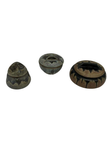 DENBAC. A surprising suite of 3 covered pots in enameled stoneware and a bonbonnière in Berry stoneware