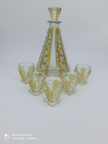 Carafe service and 5 glasses in amber Bohemian Crystal
