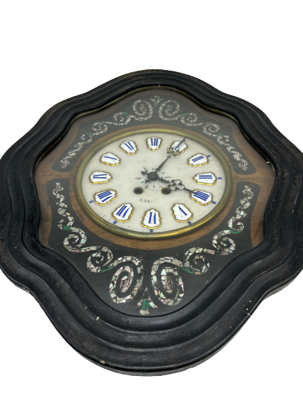 Attractive wall clock in wood. Porcelain dial with “Lisieux” Roman numerals with mother-of-pearl inlays