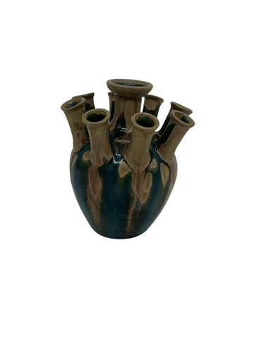 Original Vase pique fleur in turquoise enamelled stoneware, signed under the base “Denbac” and indistinctly numbered