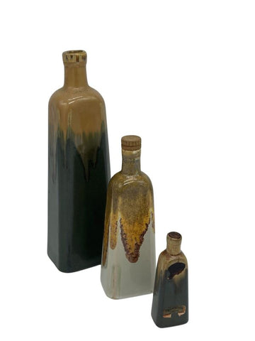 set of three enameled stoneware bottles, marked under the base “Jabert”