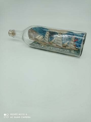 Ship model in bottle with blue background