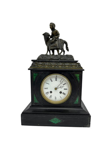 Elegant Black marble terminal clock and malachite inlays decorated with young farmer with fine lamb