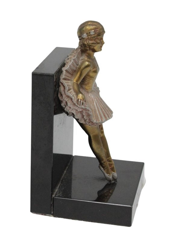 Charming Art Deco Pair of black marble bookends adorned with a young ballerina