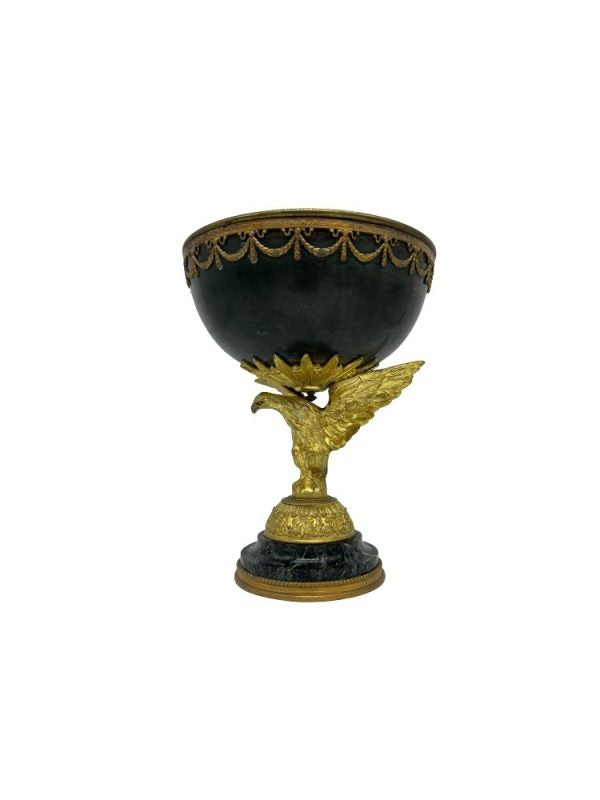 Cup resting on majestic eagle with outstretched wings bronze base and marble early 20th century